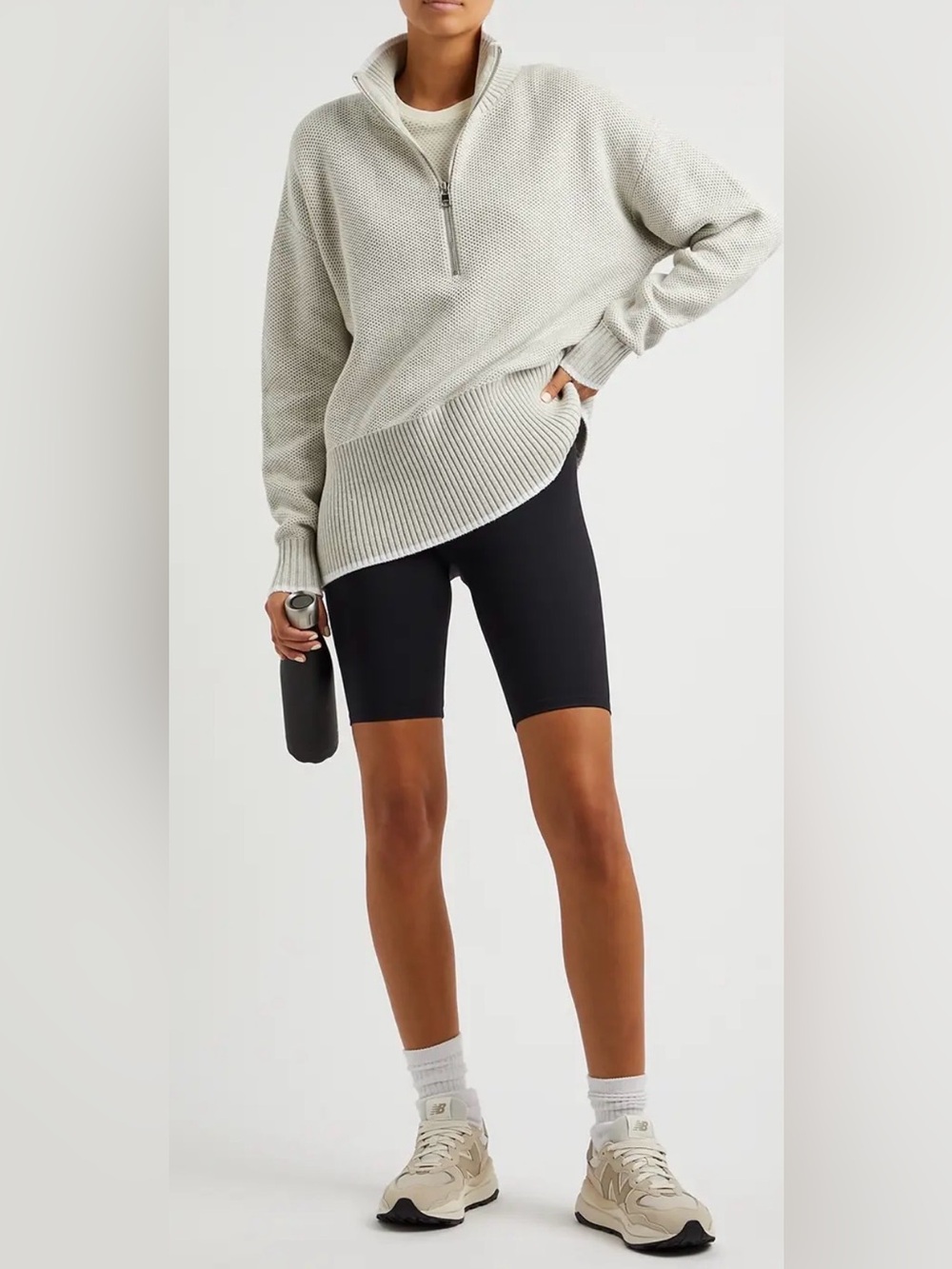 Like New! Varley light grey knitted cotton quarter-zip textured sweater, sz. Sm